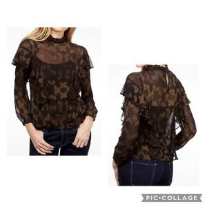 LUCKY BRAND Women’s Black Metallic Gold High Neck Ruffle Sleeve Sheer Top Size S